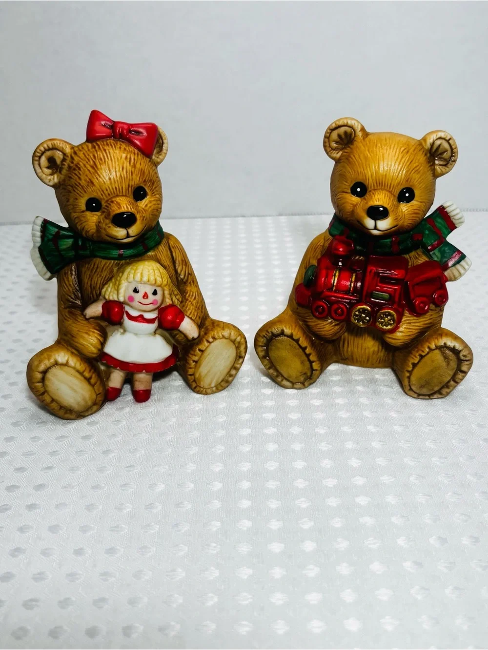 VTG Homco Christmas Teddy Bear Porcelain Figurines Toy Train and Rag Doll